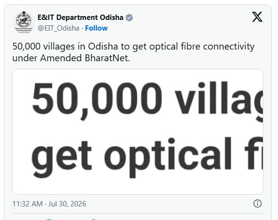 Odisha to Provide Optical Fibre Connectivity to 50,000 Villages Under Amended BharatNet Programme